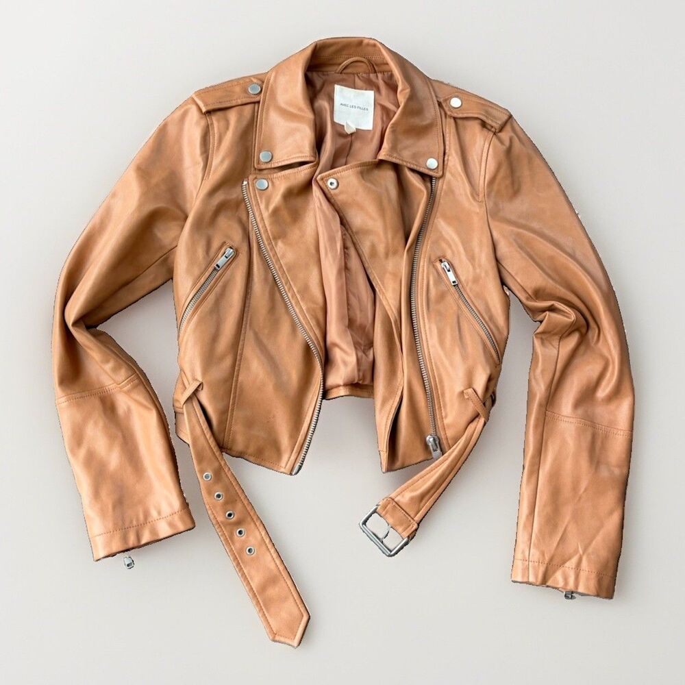 Avec Les Filles Faux Leather Moto Jacket Womens Small S Cognac Tan Belted Biker